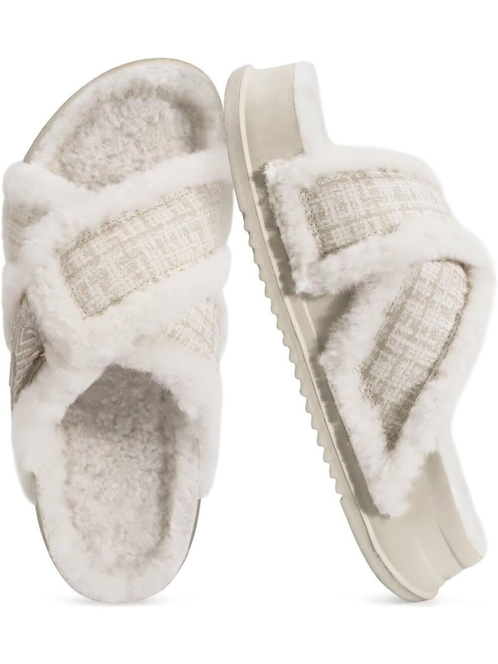Women's White Fuzzy Cross Band Platform Slippers Comfortable Indoor Outdoor